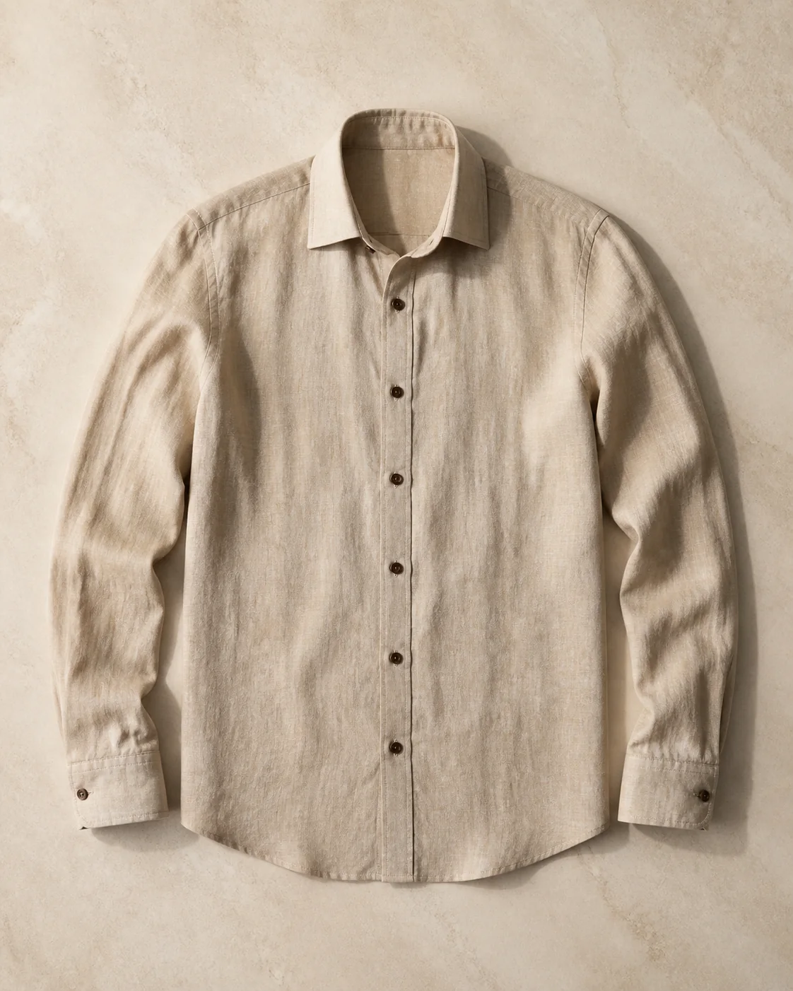 Camisa de lino de cuello italiano en color arena, visualización editorial de referencia