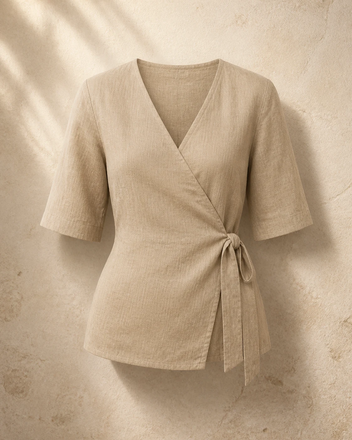 Blusa cruzada de lino para mujer en arena, visualización editorial de referencia