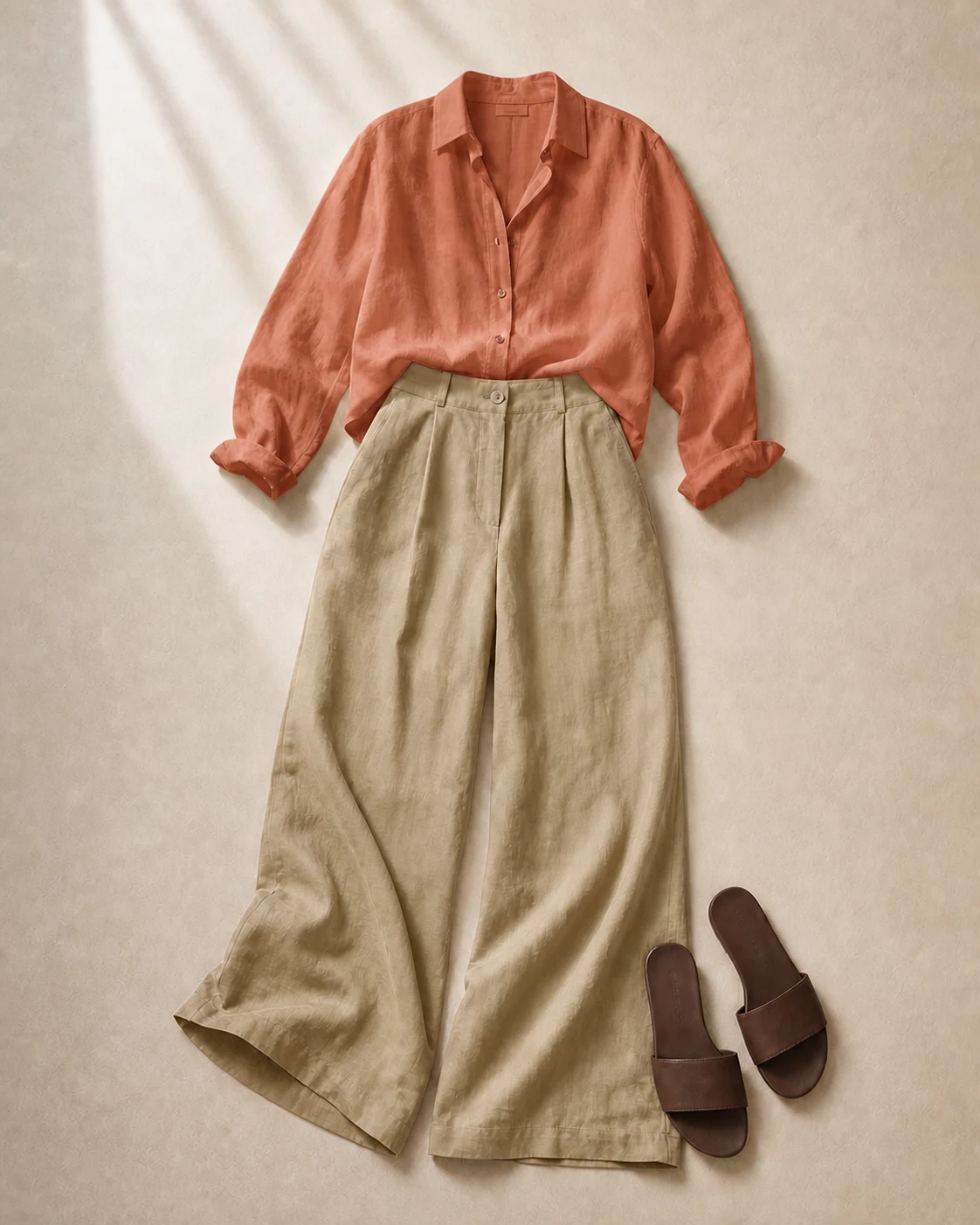 Conjunto coordinado de blusa terracota, pantalón arena y sandalias marrones