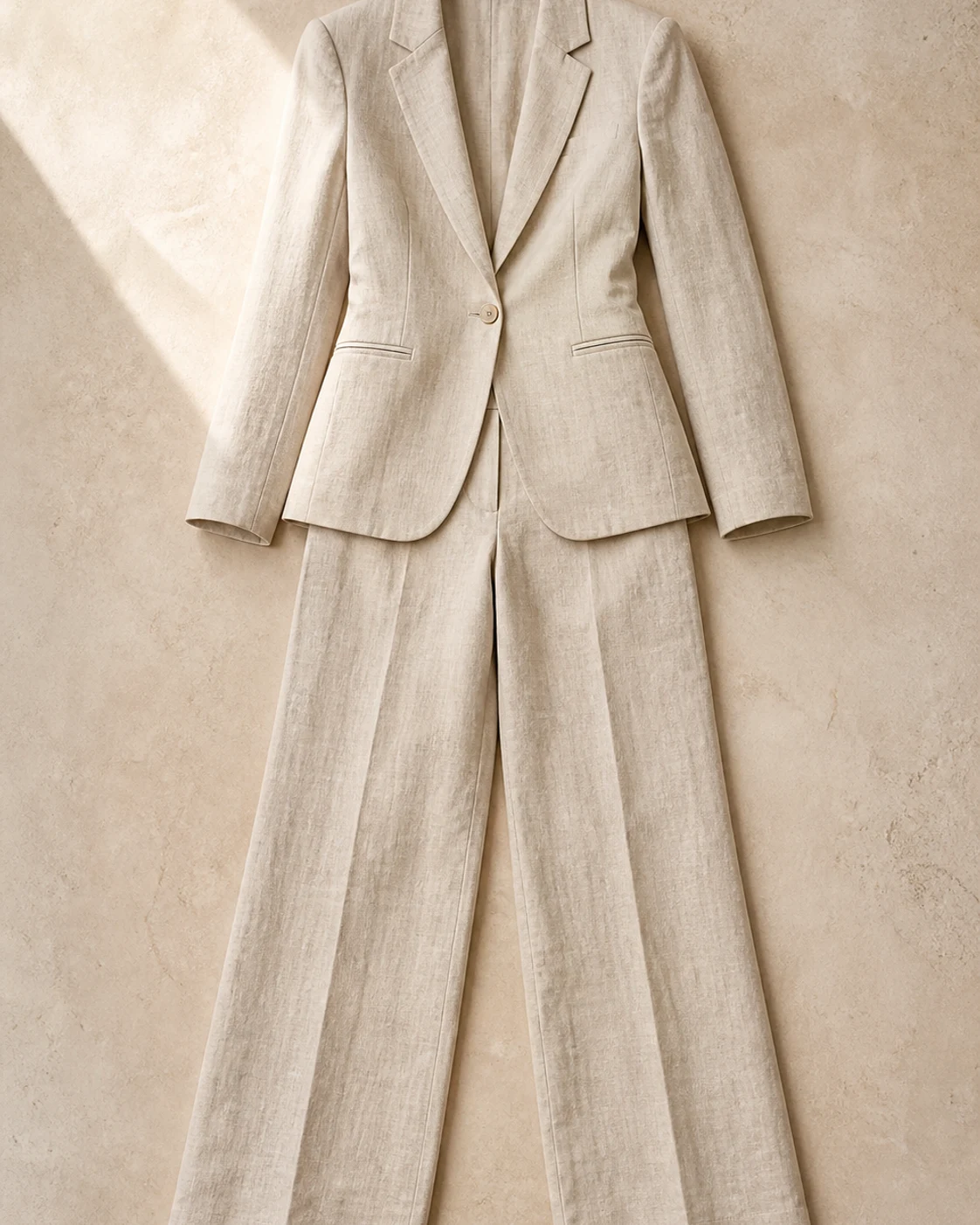Traje de lino para mujer en beige, visualización editorial de referencia
