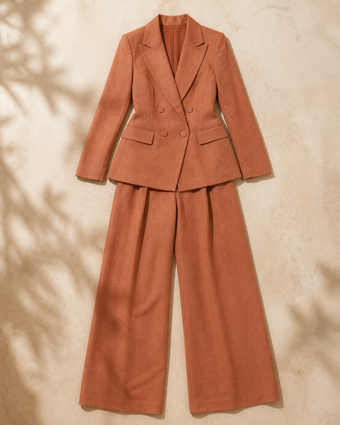 Traje cruzado de lino para mujer en terracota, visualización editorial de referencia