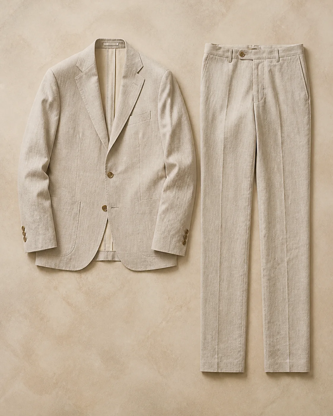 Traje de lino clásico en beige, visualización editorial de referencia